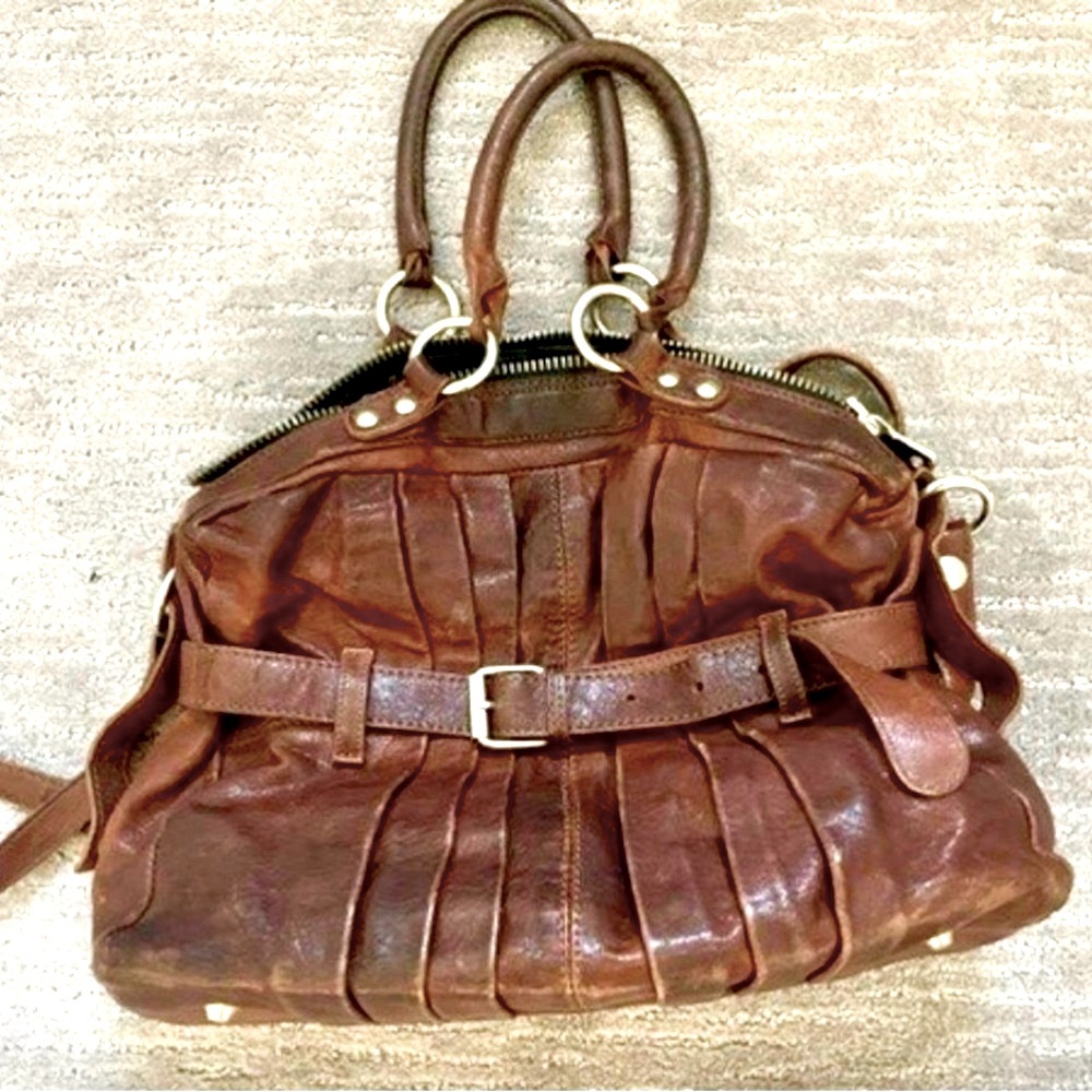 Collection Privée? Satchel Pleated Belted Mahogany Brown Distressed Leather